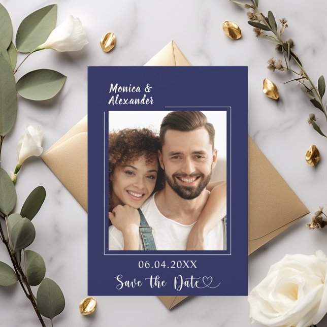 Marineblaue moderne Foto-Hochzeit Save the Date (Von Creator hochgeladen)