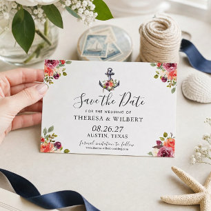 Marineblaue nautische Anker-Blumen-Save-the-Date-K Save The Date