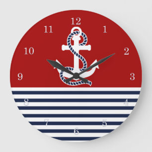 Marineblaue Navy-Blau-Weiß-Streifen und weißer Ank Große Wanduhr