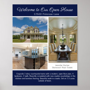 Marineblaue Open-House-Willkommens-Immobilien-Foto Poster