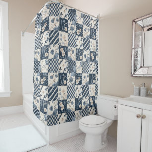 Marineblaue Patchworkdecke Rustikale Blumen Retro Duschvorhang
