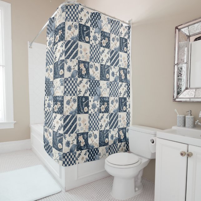 Marineblaue Patchworkdecke Rustikale Blumen Retro Duschvorhang (Beispiel)