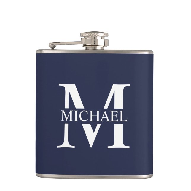 Marineblaue personalisierte Monogramm- und Namens- Flachmann (Vorderseite)