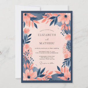 Marineblaue Pfirsich-Kühne Blumenhochzeit Einladung