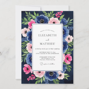 Marineblaue Pinke Florale Verzauberung Hochzeit Einladung