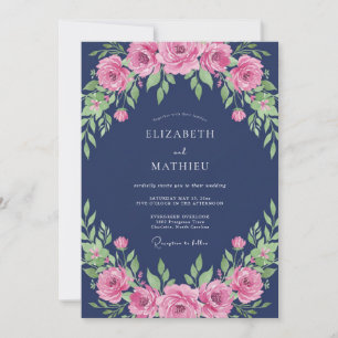 Marineblaue poetische Pfingstrose Hochzeit Einladung