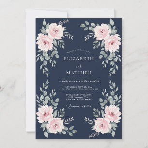 Marineblaue Poetische Rosenhochzeit Einladung