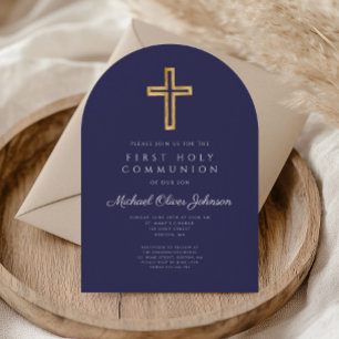 Marineblaue religiöse Kreuz Jungen-Erstkommunion-B Einladung
