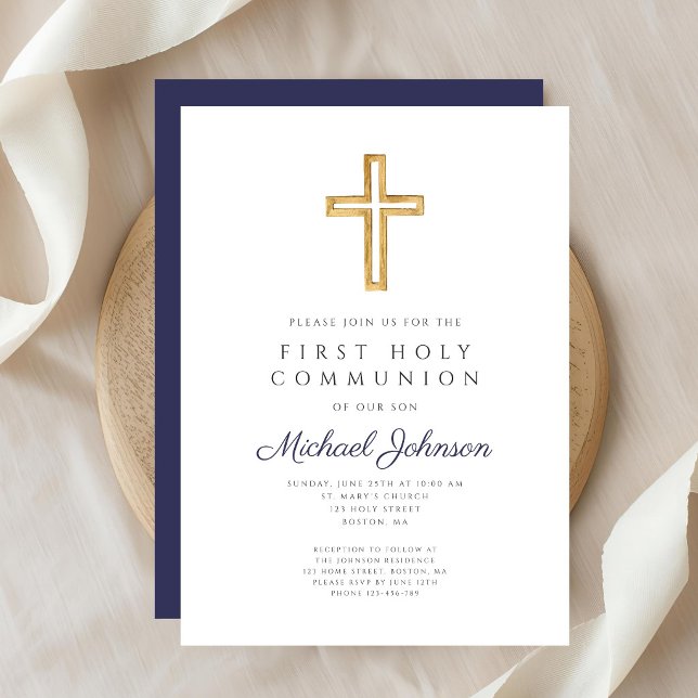 Marineblaue religiöse Kreuz Jungen-Erstkommunion Einladung (Navy Blue Religious Cross Boy First Communion Invitation)