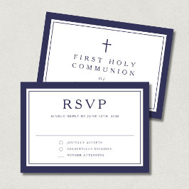 Marineblaue religiöse Kreuz Jungen Erstkommunion RSVP Karte