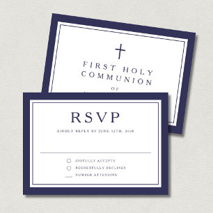 Marineblaue religiöse Kreuz Jungen Erstkommunion RSVP Karte