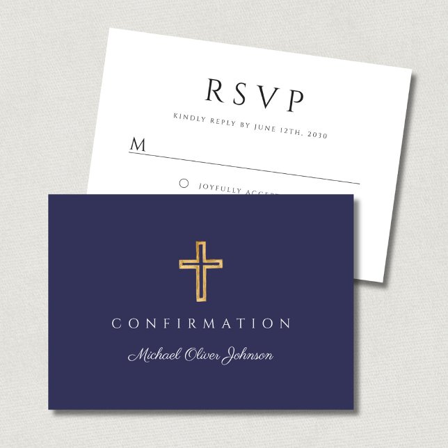 Marineblaue religiöse Kreuz-Konfirmation für Junge RSVP Karte (Navy Blue Boy Religious Cross Confirmation RSVP Card)