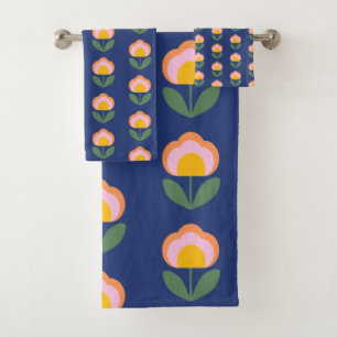 Marineblaue Retro-Skandinavische Volksblumen-Badez Badhandtuch Set