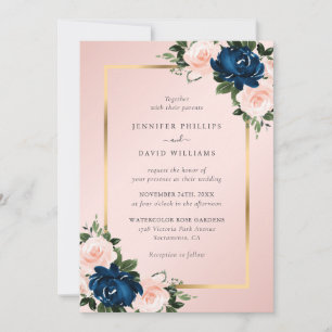 Marineblaue rosa goldene Aquarell-Blumenhochzeit Einladung