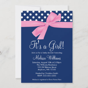 Marineblaue rosa Schleife Punkte Baby Shower Einla Einladung