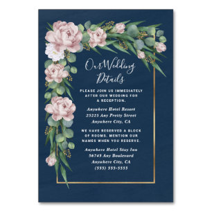 Marineblaue rosa staubige Rosen-Hochzeitseinlagenk Tischnummer