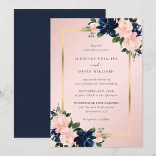 Marineblaue Rosa Wasserfarben Blumen Hochzeit Einladung