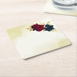 marineblaue rote Blumen goldene Blätter Hochzeit Rechteckiger Pappuntersetzer