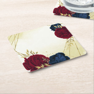 marineblaue rote Blumen goldene Blätter Hochzeit Rechteckiger Pappuntersetzer