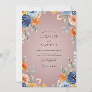 Marineblaue Rustikale Blütenhochzeit Einladung