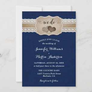 Marineblaue Rustikale Country Jute Spitze Hochzeit Einladung