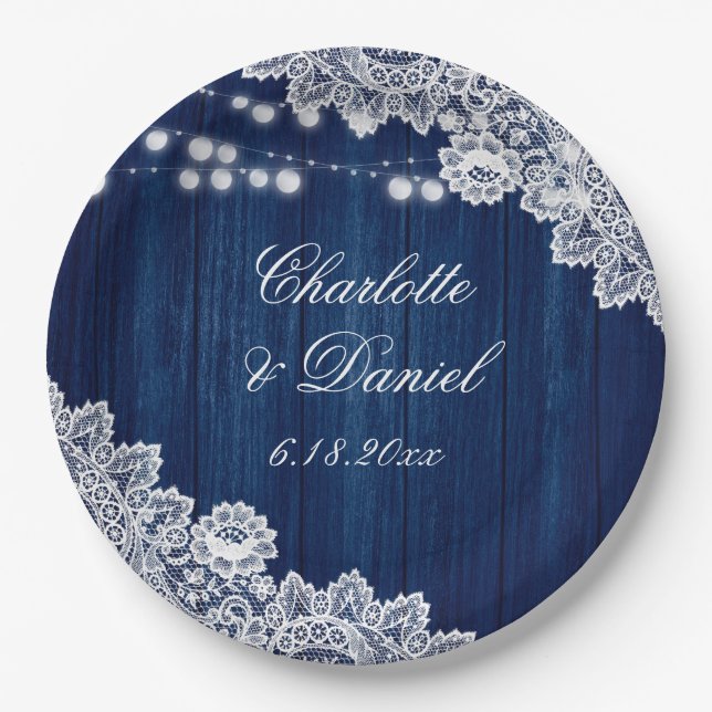 Marineblaue Rustikale Holz-Lichterkette Hochzeit Pappteller (Vorderseite)