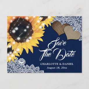 Marineblaue Rustikale Sonnenblumen-Hochzeit Save T Ankündigungspostkarte