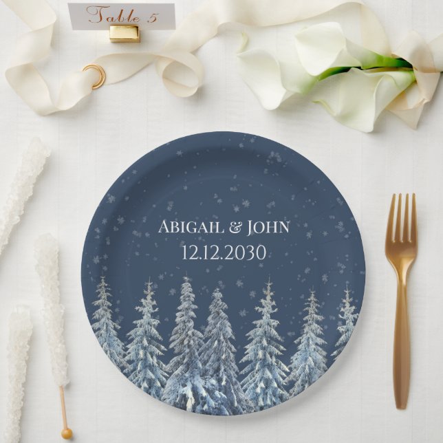 Marineblaue rustikale Winterwald-Hochzeit Pappteller (Hochzeit)