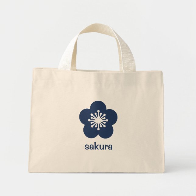 Marineblaue Sakura-Blüten-Silhouette Mini Stoffbeutel (Vorne)