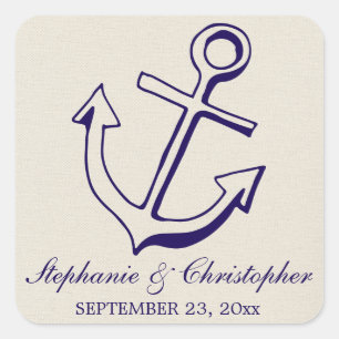 Marineblaue Schiff-Anker-Tan-nautische Hochzeit Quadratischer Aufkleber