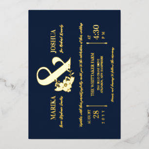Marineblaue schöne florale Et-Typografie-Hochzeit Folieneinladung