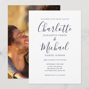 Marineblaue Signature-Script-Foto-Hochzeit Einladung