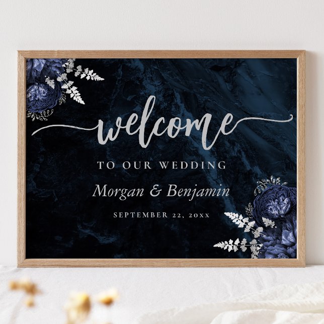Marineblaue Silber Blumen Hochzeit Willkommen Poster (Von Creator hochgeladen)