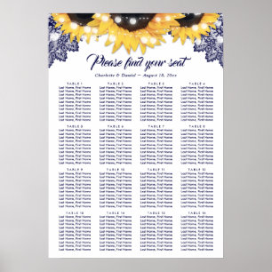 Marineblaue Spitzen-Sonnenblumen-Hochzeit Sitzordn Poster