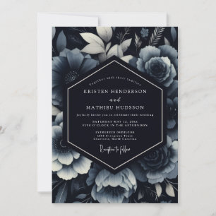 Marineblaue Stimmungs-Hochzeit mit floraler Romant Einladung