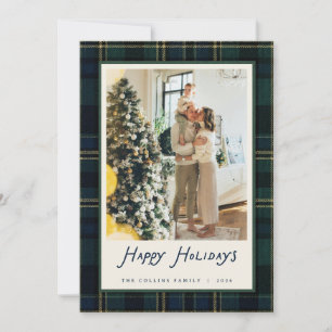 Marineblaue Tartan-Feiertags-Familienfoto-Schotten Feiertagskarte