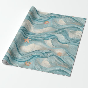 Marineblaue Teal-Wellen und Seestern-Druck Geschenkpapier