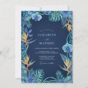 Marineblaue Tropische Orchideen-Hochzeit Einladung