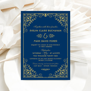 Marineblaue und goldene, ornamentale Hochzeit mit Einladung