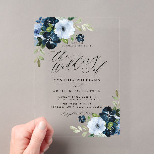 Marineblaue und hellblaue Blumen-Skript-Hochzeit Acryleinladungen