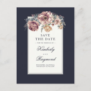 Marineblaue und Mauve Blumen Vintage Save-the-Date Ankündigungspostkarte