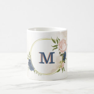 marineblaue und rosafarbene Blumen und Grün Kaffeetasse