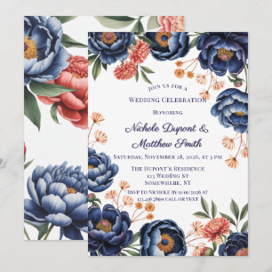 Marineblaue und verbrannt orangefarbene Blumenhoch Einladung