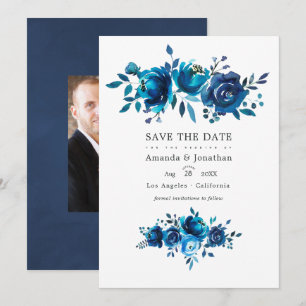 Marineblaue und weiße Aquarell-Blumen-Hochzeitsfot Save The Date