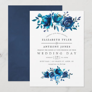 Marineblaue und weiße Aquarell-Blumenhochzeit Einladung