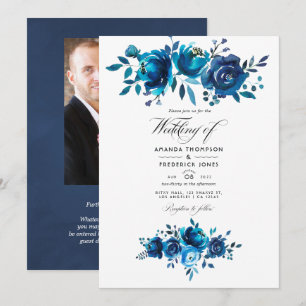 Marineblaue und weiße Aquarell-Blumenhochzeit Einladung