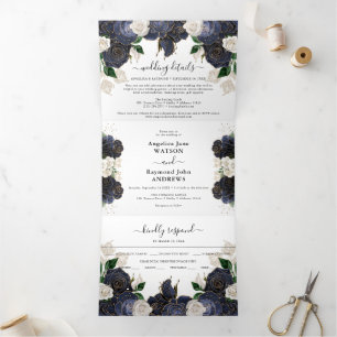 Marineblaue und weiße florale elegante Hochzeit Dreifach Gefaltete Einladung