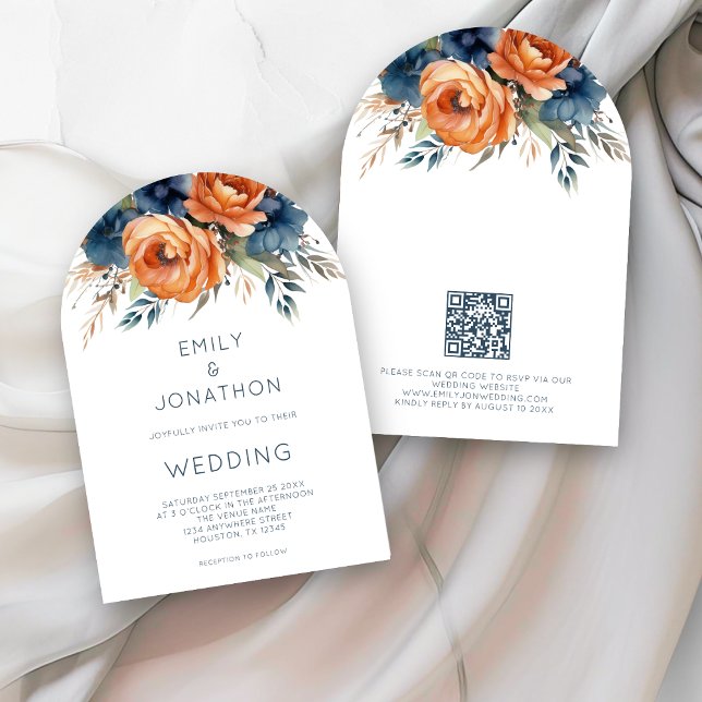 Marineblaue verbrannte Orangefarbene Blumen QR-Cod Einladung (Von Creator hochgeladen)