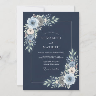 Marineblaue verstaubte florale Hochzeit Einladung