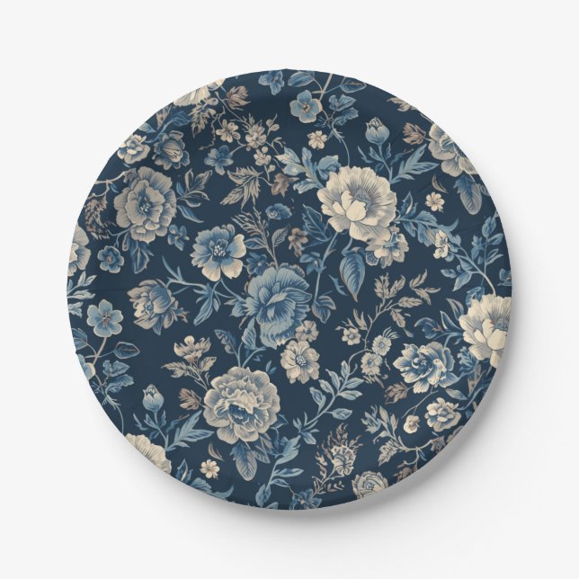 Marineblaue Vintage-Blumen-Botanik-Muster Pappteller (Vorderseite)